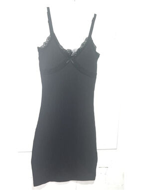 Women's Divided Black Ribbed Lace Trim Chemise XXS